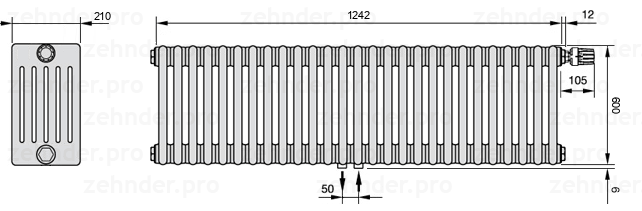 Схема (чертеж) Радиатор Zehnder Charleston 6060/27 №V008 Белый глянцевый RAL 9016